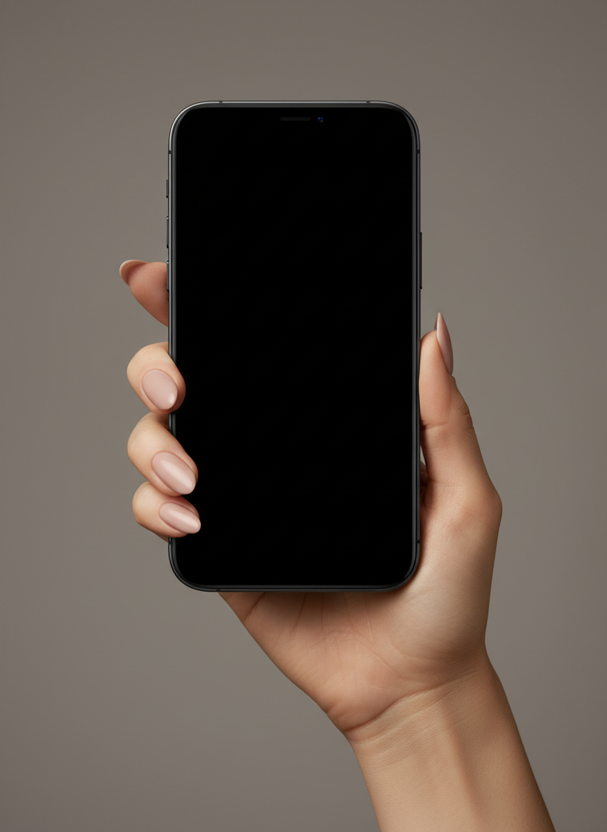 iPhone в руке девушки с аккуратным нюдовым маникюром